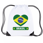 Bellatio Decorations Brazilie Nylon Rijgkoord Rugzak/ Sporttas Met Braziliaanse Vlag In Hart - Wit