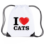 Bellatio Decorations Nylon I Love Cats/ Katten Rugzak/ Gymtas Met Rijgkoord - Wit