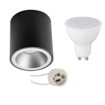 BES LED Opbouwspot Set - Pragmi Cliron Pro - Gu10 Fitting - Opbouw Rond - Mat/zilver - 4w - Warm Wit 3000k - Verdiept - - Zwart