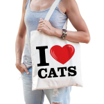 Bellatio Decorations Katoenen Tasje I Love Cats/ Katten/ Poezen - Beige