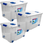 3x Opbergboxen/opbergdozen Met Deksel En Wieltjes 55 Liter Kunststof Transparant/ - 59 X 40 X 35 Cm - Opbergbakken - Blauw