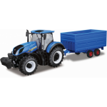 Bburago miniatuur New Holland tractor met trailer - Blauw